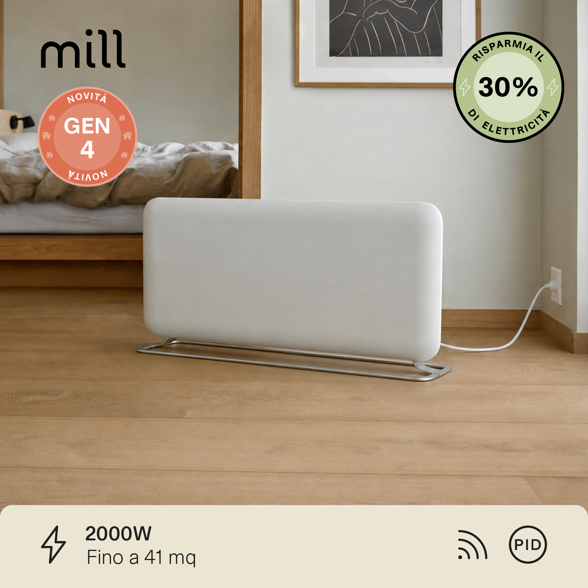 Termoconvettore a Parete Mill Invisible 2000W con piedini integrati - GEN 4